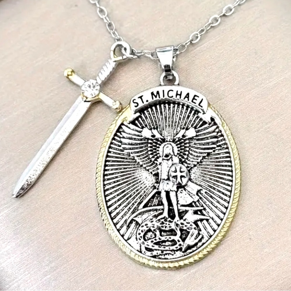 St. Michael Pendant Necklace with Sword Charm